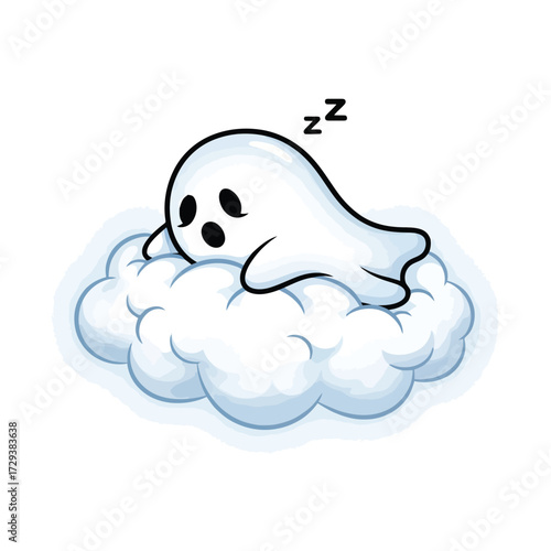 Cute cartoon ghost sleeping on a fluffy cloud, isolated on white background