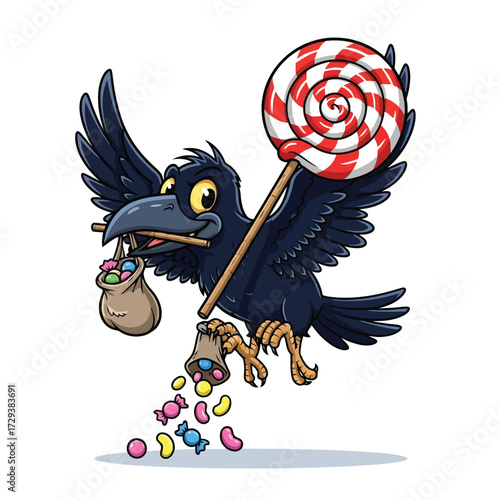 Cartoon crow flying with a lollipop and spilling candy, isolated on white background