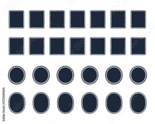 An elegant vector illustration set of navy blue geometric labels with intricate ornamental filigree borders, including square, circle, and oval shapes