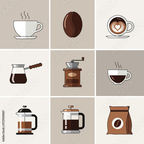 Assorted Coffee Objects and Equipment in Grid Format