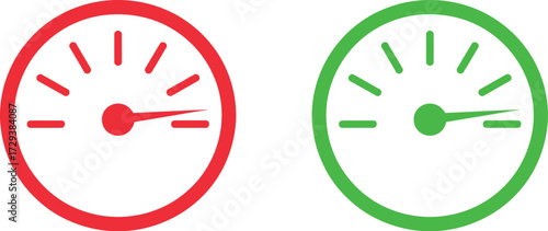 Red and green gauges indicating performance or status, one low and one high.