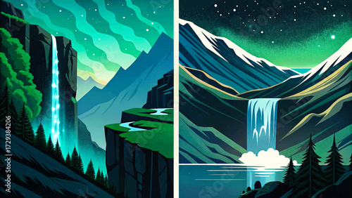 Norwegian fjords, steep cliffs, waterfalls, northern lights, dramatic natural scenery, and famous European travel destination illustration