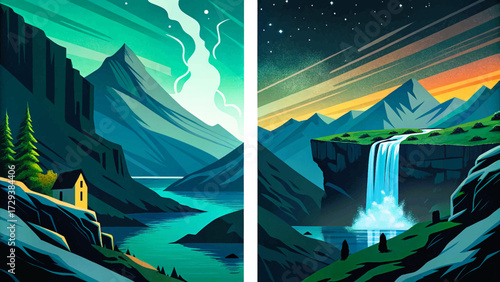 Norwegian fjords illustration, steep cliffs, waterfalls, northern lights, dramatic natural scenery, and famous European travel destination illustration