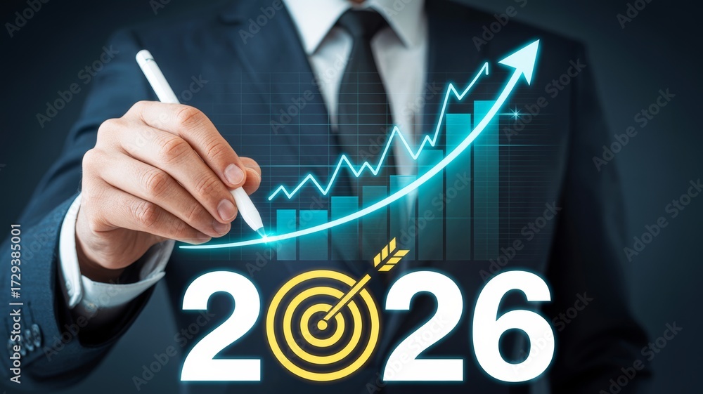 Obraz premium A business professional marks a growth chart for 2026, symbolizing targets and progress in a corporate environment.