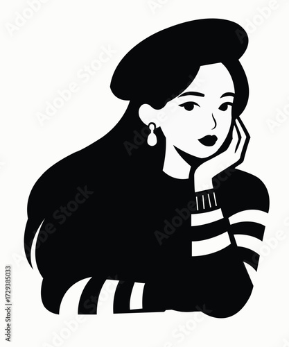 Stylish Woman Silhouette with Beret and Long Hair.