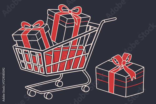  red christmas gift boxes in shopping cart,dark background,minimalist,high contrast