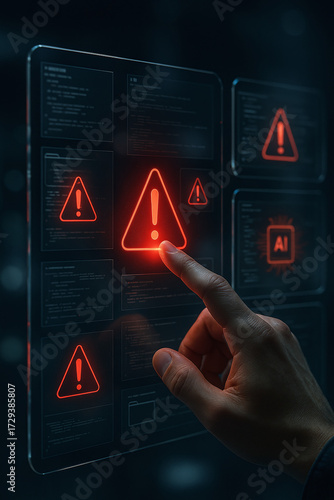 Cybersecurity alert interface with glowing red warning triangle pressed by hand, threat detection dashboard on dark background, data breach risk, firewall, system notification, UI, network security