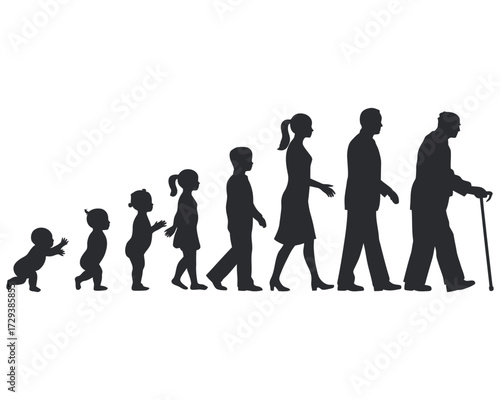 A vector illustration depicting the human life cycle through a series of silhouettes from baby to senior