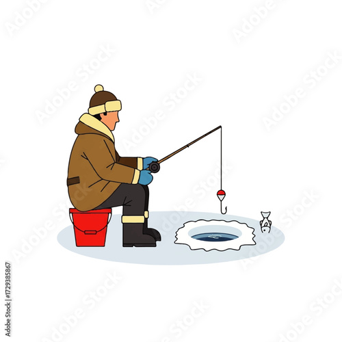 A person dressed in winter clothing sits on a red bucket, ice fishing on a frozen lake, with a fishing rod and bait in the water