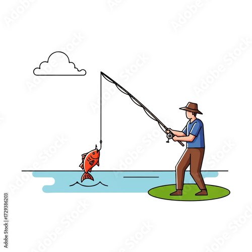 Joyful fisherman successfully landing a vibrant red fish from tranquil waters, illustrating the reward and satisfaction of an exciting outdoor angling experience and leisure activity