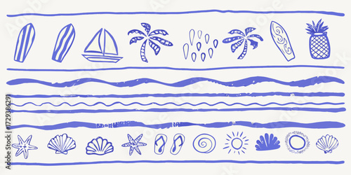 Hand drawn blue summer beach icons and wave patterns on a light background
