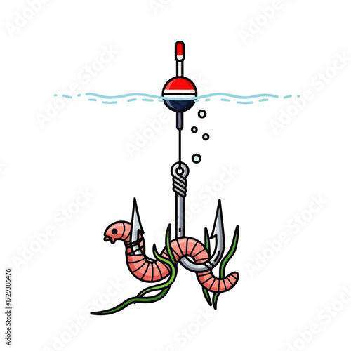 An illustrative depiction of a classic fishing setup showing a worm on a hook as bait, submerged underwater beneath a red and white bobber