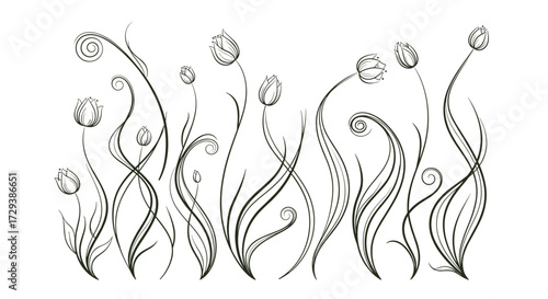 A charming collection of delicate swirling stems with budding flowers creating a whimsical garden illustration.