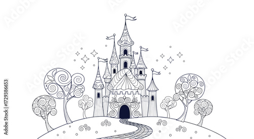 A whimsical and enchanting hand-drawn fairytale castle with sparkling stars and decorative trees adorning the landscape.