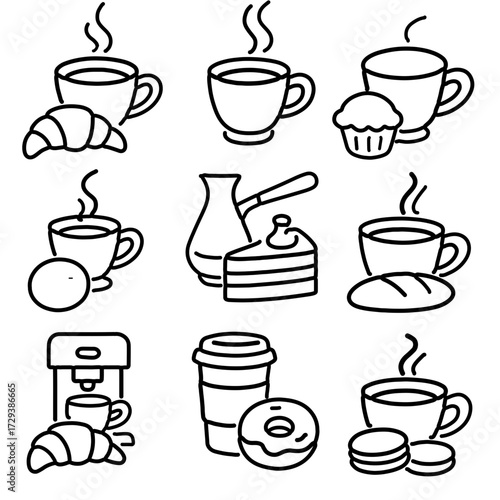 Vector set of breakfast and coffee icons in flat style. Coffee cups, croissant, muffin, orange, cezve, cake, bread, coffee machine, takeaway cup with donut