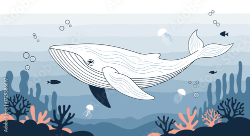 Majestic blue whale glides through a vibrant coral reef teeming with marine life.