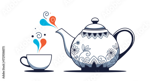 Beautifully decorated teapot pouring hot aromatic tea into a small cup with steam swirls.