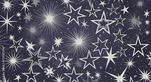 A dazzling display of various starbursts and star shapes scattered across a dark blue background.