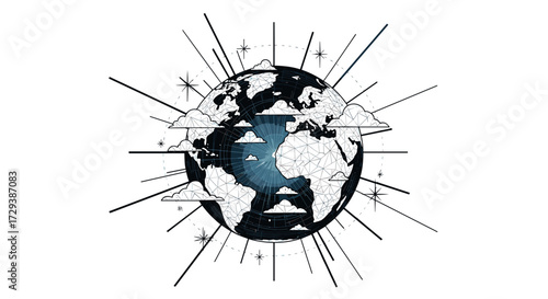 A stylized depiction of planet earth with clouds radiating outwards from it.