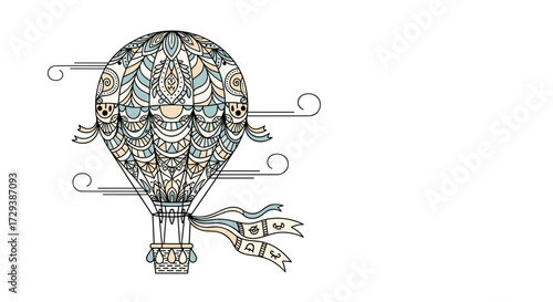Intricate hot air balloon with elaborate patterns floating gracefully through the clouds.