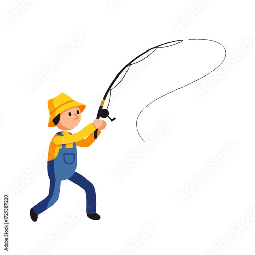 Fisherman character in a yellow hat and blue overalls casting a line with a fishing rod, illustrating the hobby of angling