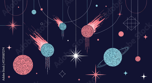 Whimsical cosmic dreamscape featuring colorful planets comets and star patterns in a dark blue expanse.