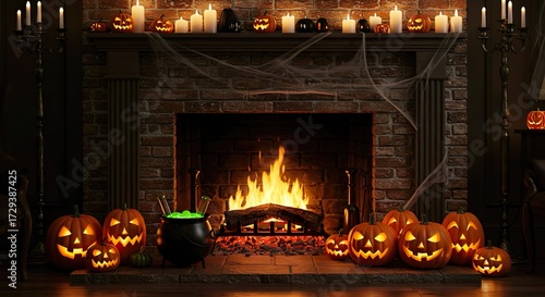 Cozy halloween fireplace ambience with glowing jack-o-lanterns and spooky spiderwebs