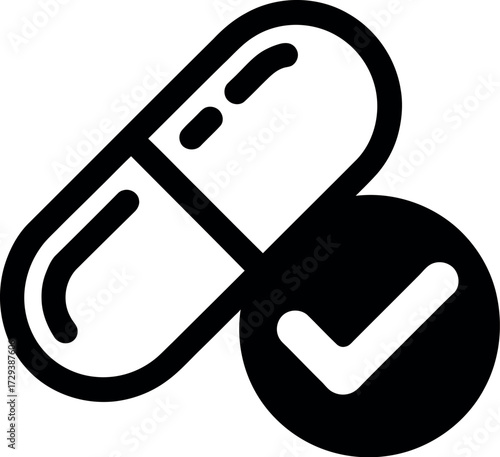 Medical capsule with a checkmark symbol indicating approval or correctness.