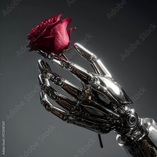 Robotic hand gently holding a single red rose, symbolizing artificial intelligence and love.
