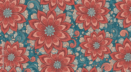 An intricate repeating floral pattern featuring large red flowers with blue centers on a teal background.