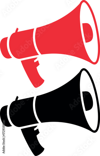 Two colorful megaphones, one red and one black, symbolizing announcement and communication.