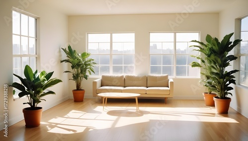 Bright and airy living room with indoor plants and natural light