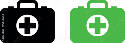 First aid kits, one black and one green, with white cross symbol