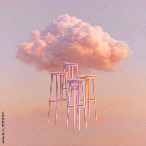 Surreal pastel cloudscape with floating bar stools, dreamy concept for relaxation and escape.
