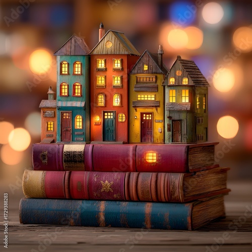 Charming miniature village houses atop a stack of vintage books, warm cozy lighting