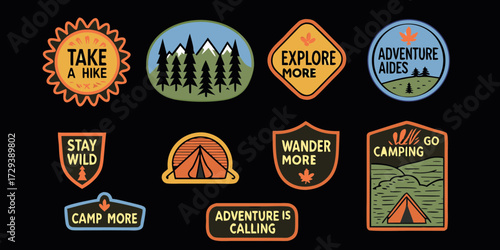 Collection of vintage outdoor adventure and camping themed patches with inspirational phrases