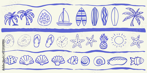 Collection of hand drawn blue beach and summer icons on a cream background with wavy lines