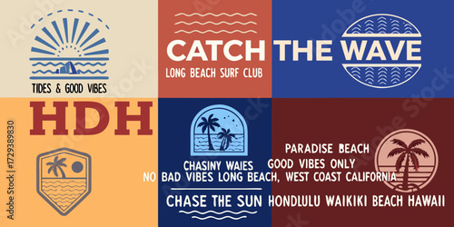 Collection of surf inspired graphic designs with beach and ocean themes and text