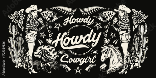 Howdy howdy cowgirl western design with two cowgirls horses cacti and guns