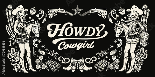 Retro howdy cowgirl illustration with horses guns boots and western elements on black background