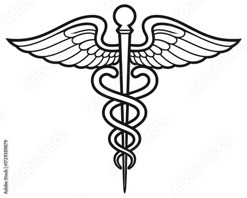 Classic monochromatic line art of a caduceus, a distinguished symbol of medicine, health, and healing, embodying professional healthcare and universal wellness concepts