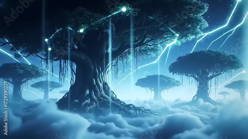 Digital trees illuminated by futuristic network connections