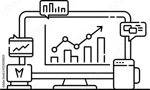 Digital dashboard displaying upward trending financial growth and data analysis on a computer screen.