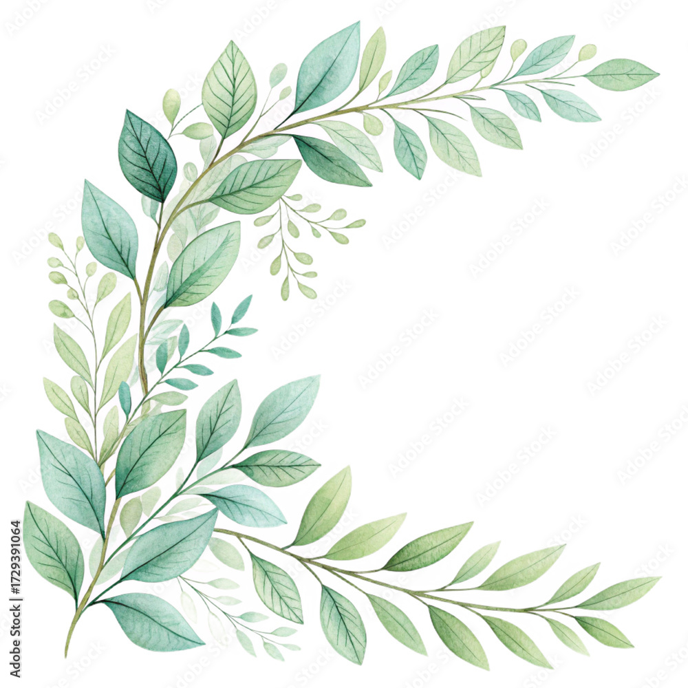Fototapeta premium Watercolor-style green leaf foliage corner design against a black background