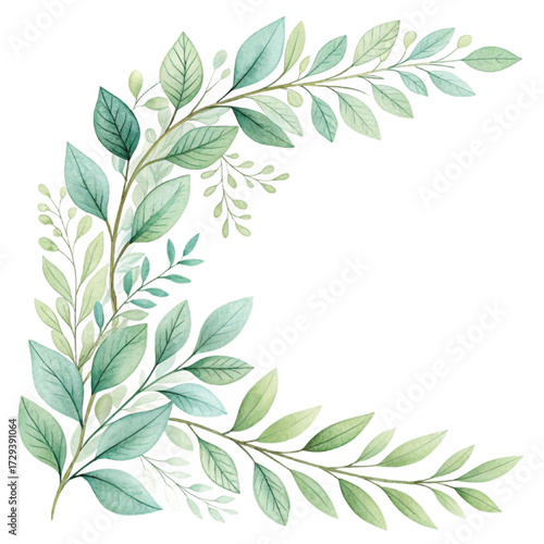 Watercolor-style green leaf foliage corner design against a black background