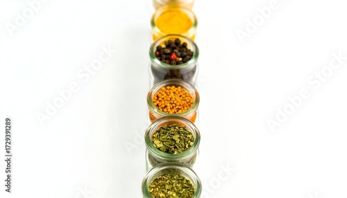 Small glass jars of spices lined up