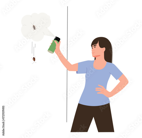 A woman uses a spray to kill cockroaches.