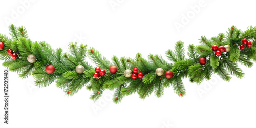 Christmas Garland with Red and Gold Ornaments and Green Fir Branches decoration festive isolated on a transparent background