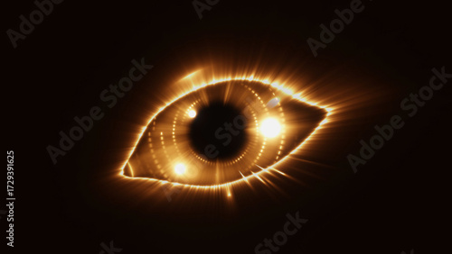 Glowing eye, robot eye, biometric recognition concept, technology, computer vision and security