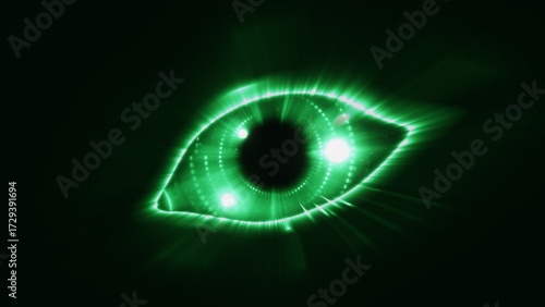 Glowing eye, robot eye, biometric recognition concept, technology, computer vision and security